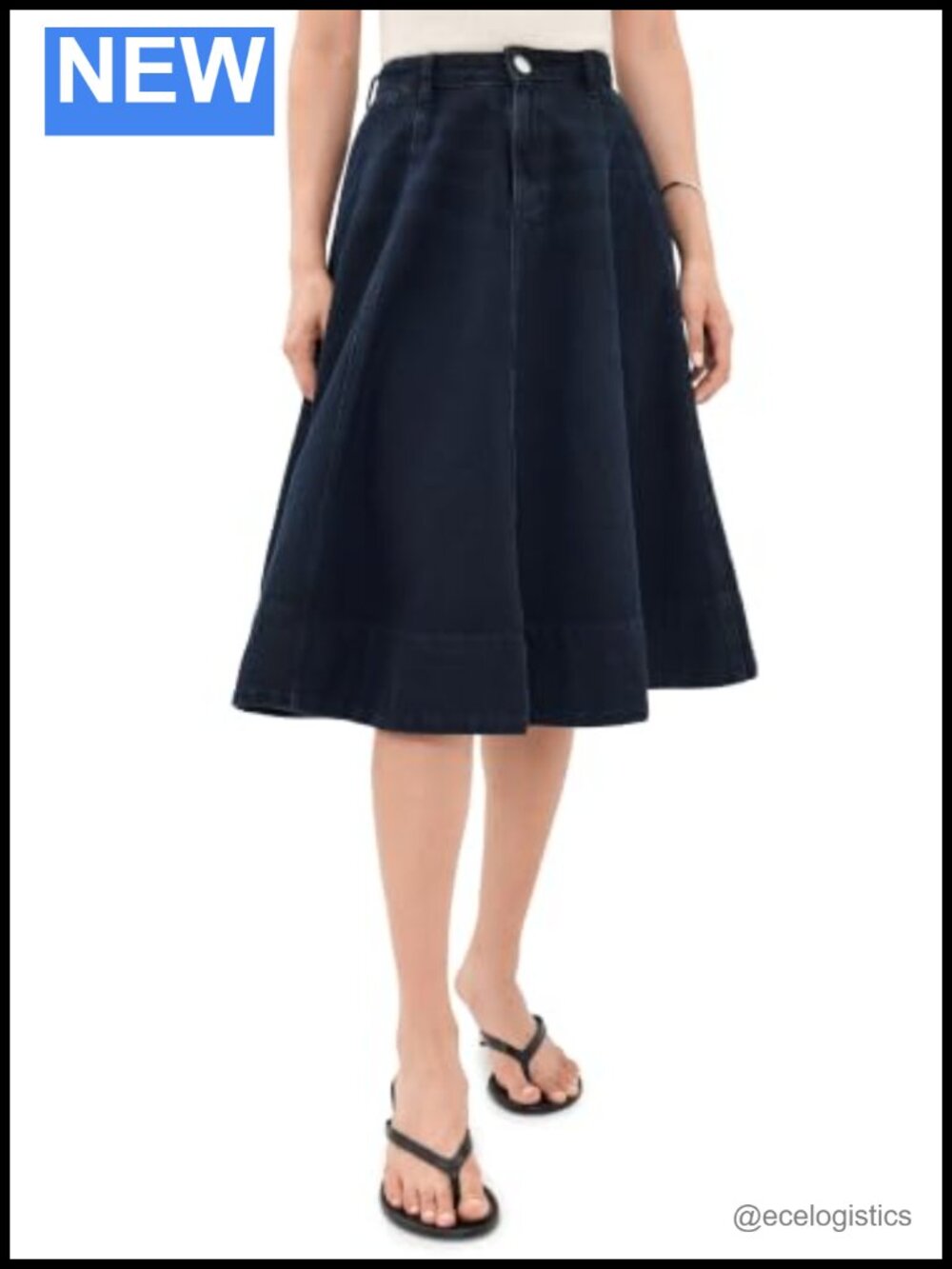 Denim Midi Skirt High Rise Button Zip Fly Knee Length